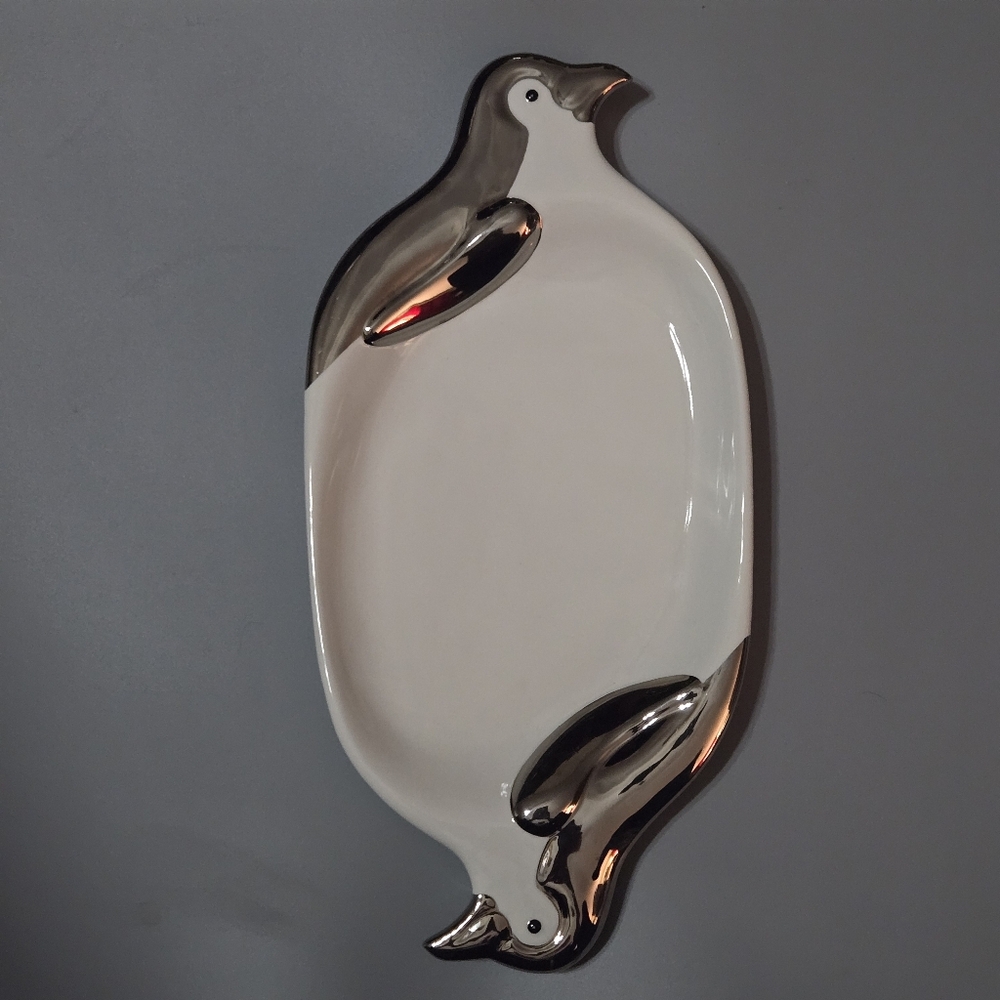 Dept 56 Penguin Ceramic Appetizer Serving Plate Silver Chrome White 13X6 Holiday